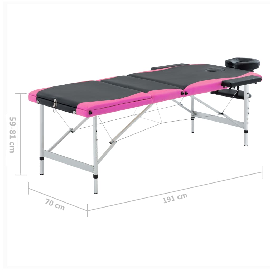vidaXL Table de massage pliable 3 zones Aluminium Noir et rose
