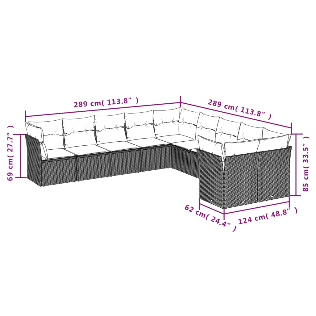 vidaXL Salon de jardin 10 pcs avec coussins noir résine tressée