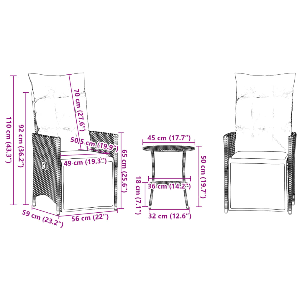 vidaXL Ensemble de bistro 3 pcs avec coussins noir résine tressée