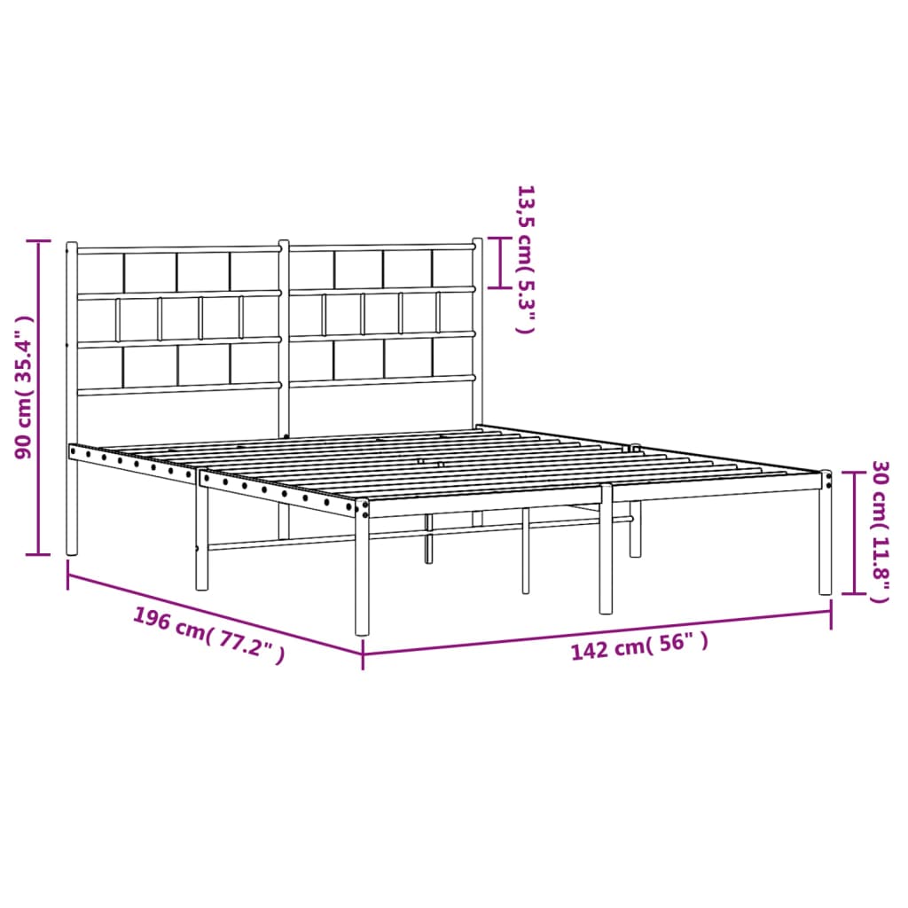 vidaXL Cadre de lit métal avec tête de lit noir 135x190 cm