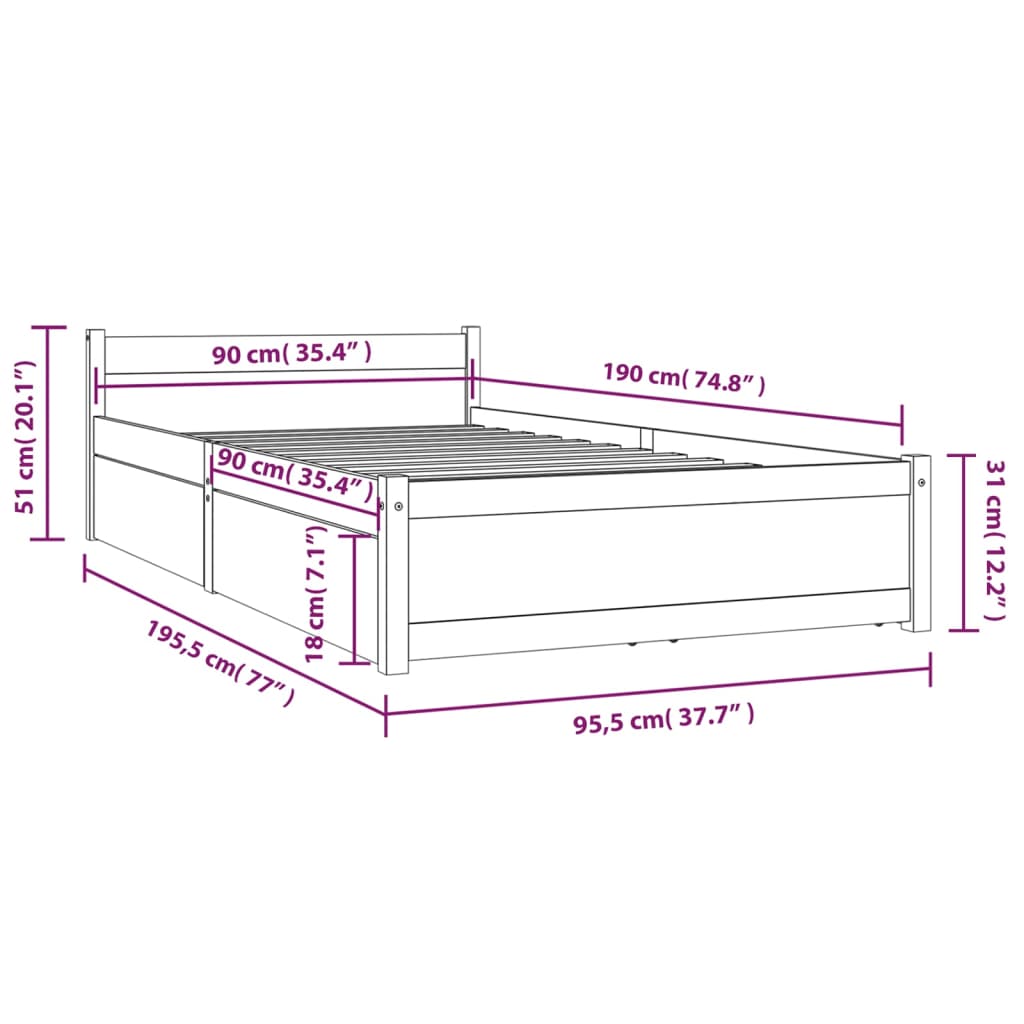 vidaXL Cadre de lit avec tiroirs 90x190 cm Simple