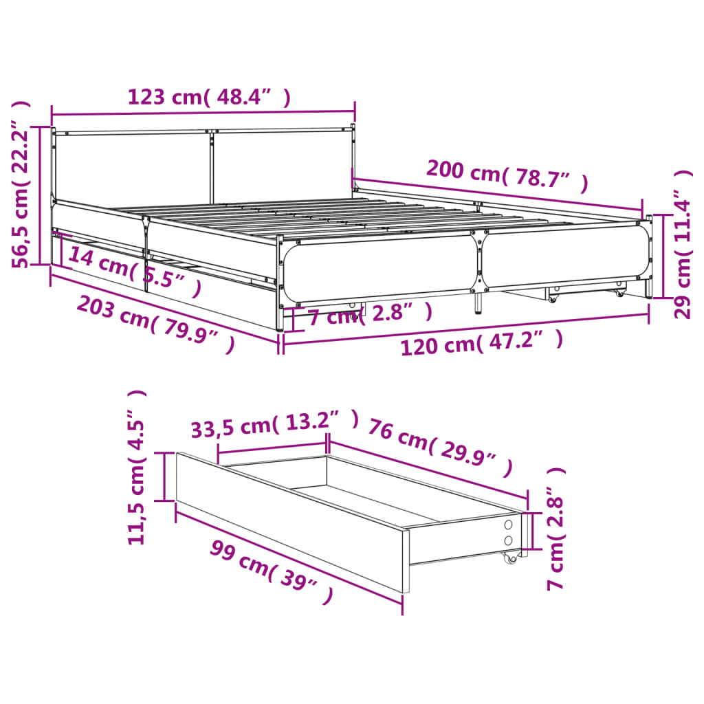 vidaXL Cadre de lit avec tiroirs noir 120x200 cm bois d'ingénierie