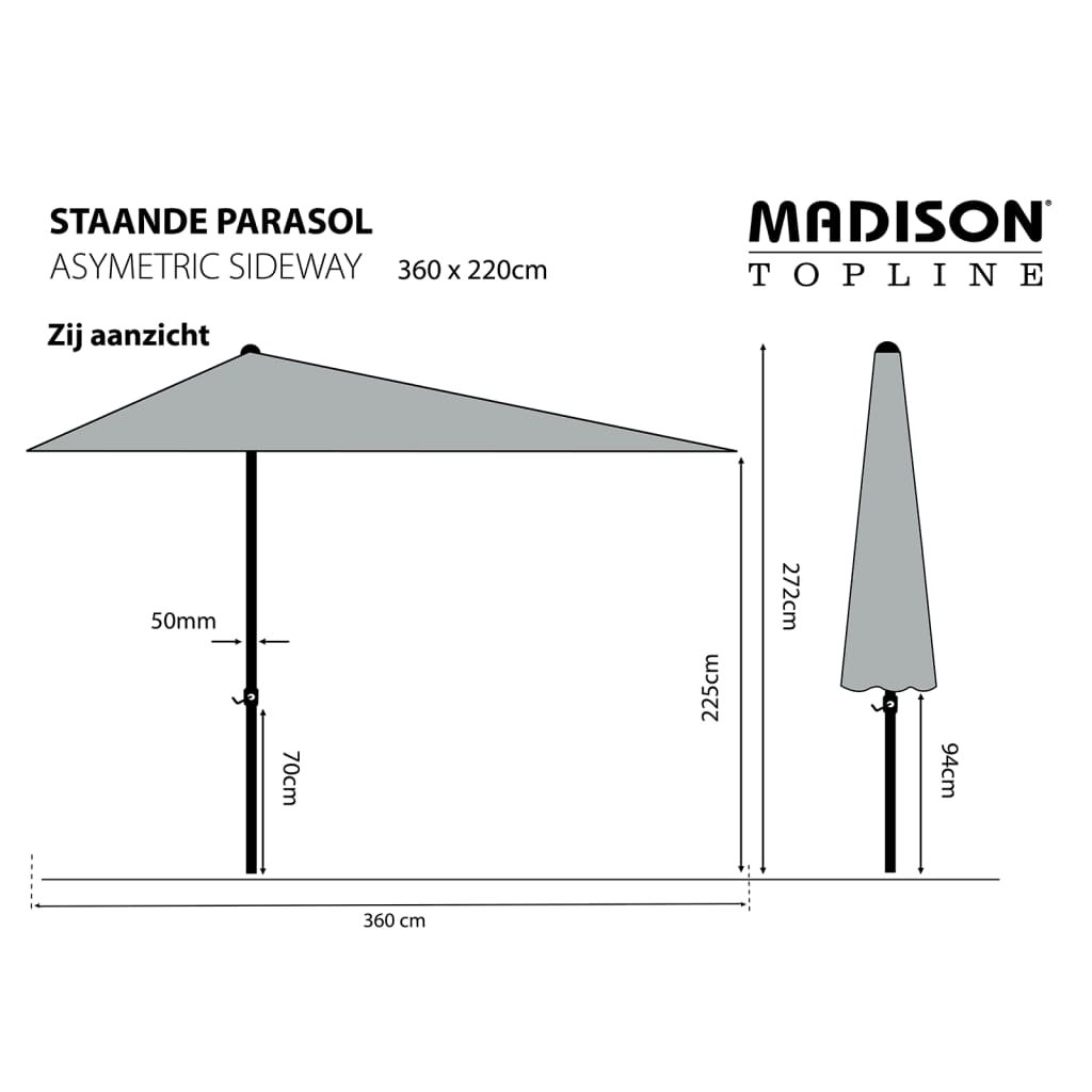 Madison Parasol Asymmetric Sideway 360 x 220 cm Gris PC15P014