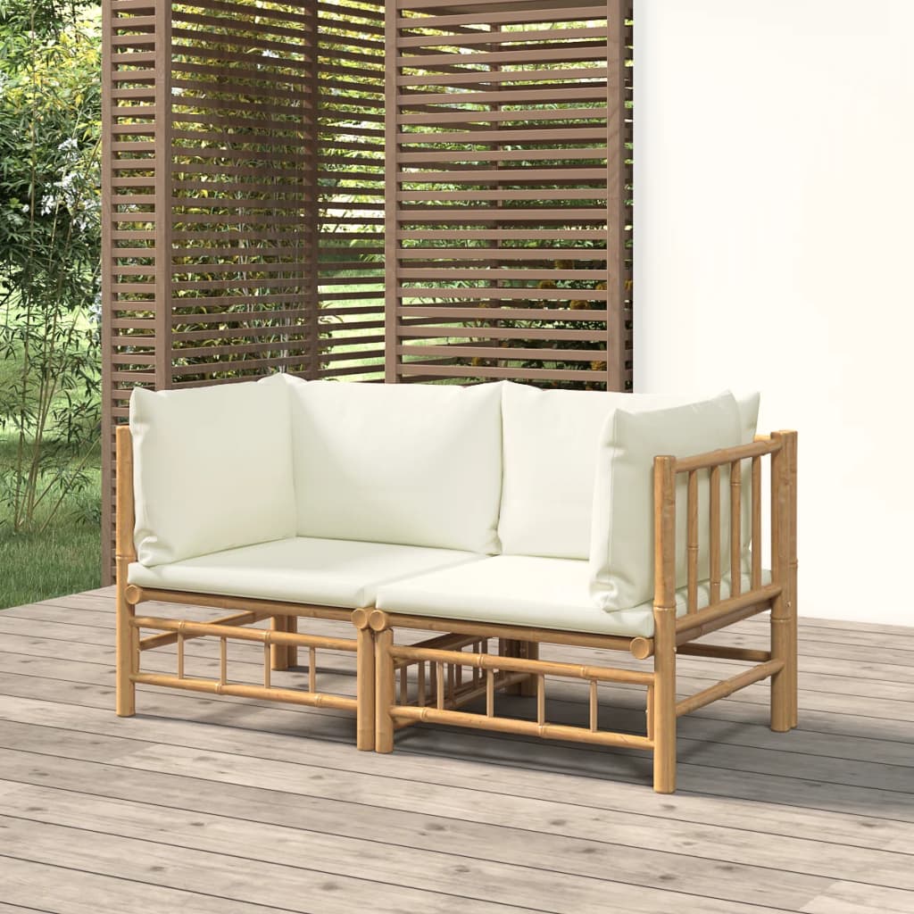vidaXL Canapés d'angle de jardin avec coussins blanc crème 2pcs bambou