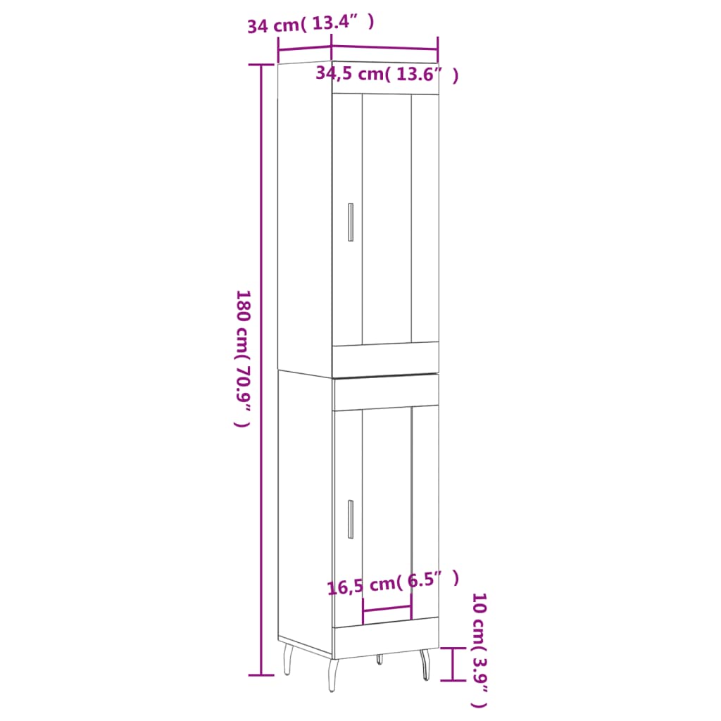 vidaXL Buffet haut Chêne marron 34,5x34x180 cm Bois d'ingénierie