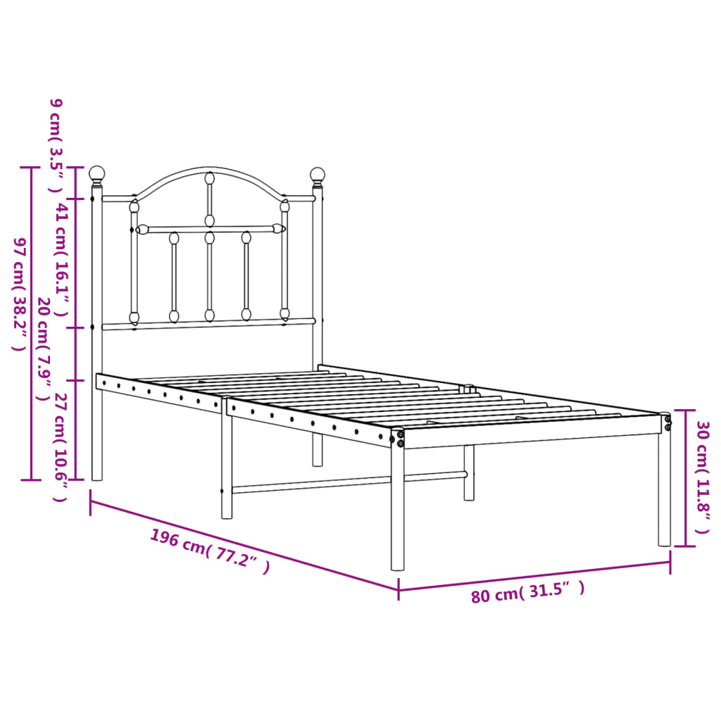 vidaXL Cadre de lit métal sans matelas avec tête de lit blanc 75x190cm