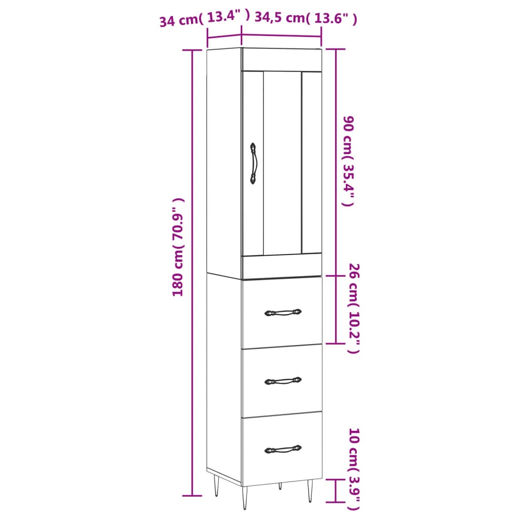 vidaXL Buffet haut Gris béton 34,5x34x180 cm Bois d'ingénierie