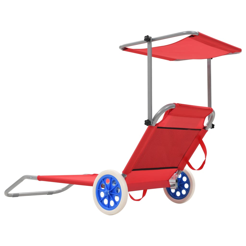 vidaXL Chaise longue pliable avec auvent et roues Acier Rouge