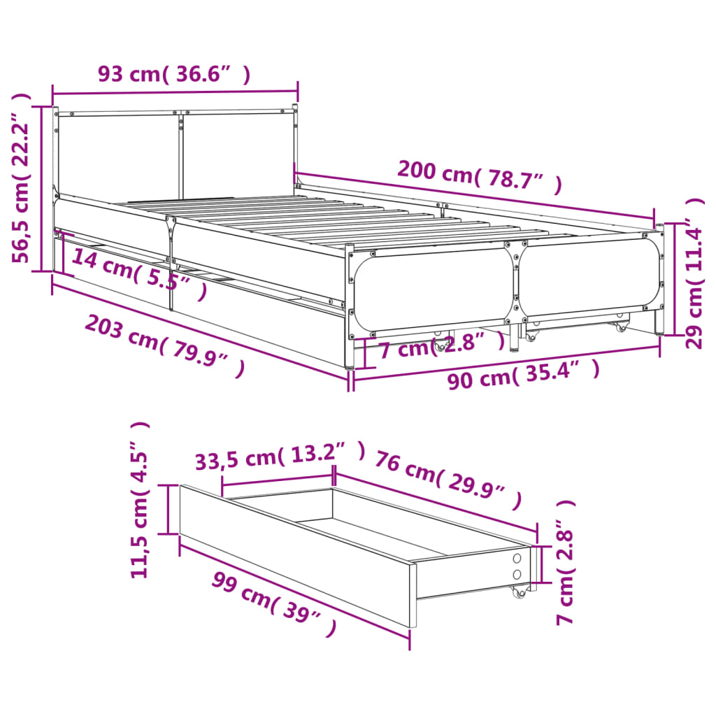 vidaXL Cadre de lit et tiroirs chêne sonoma 90x200cm bois d'ingénierie