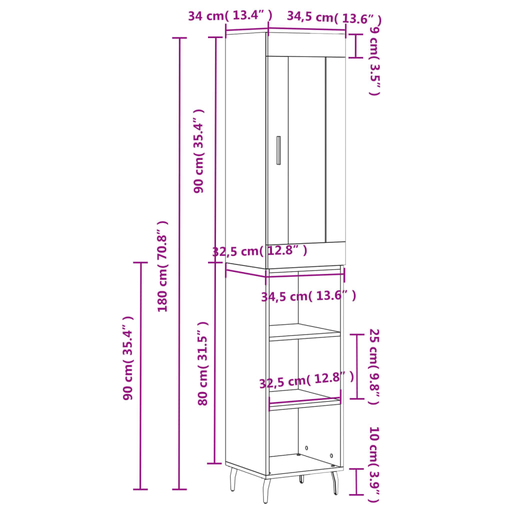 vidaXL Buffet haut Blanc 34,5x34x180 cm Bois d'ingénierie