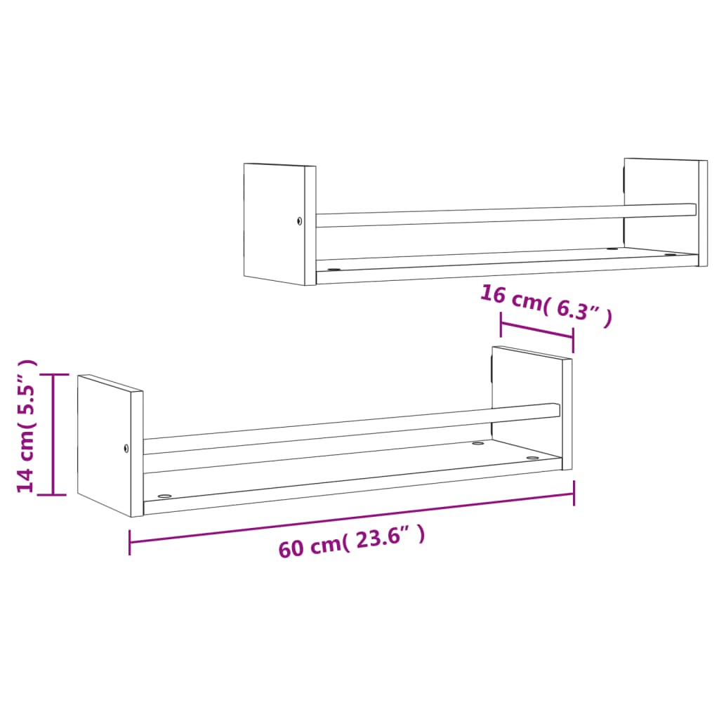 vidaXL Étagères murales avec barres 2 pcs chêne marron 60x16x14 cm