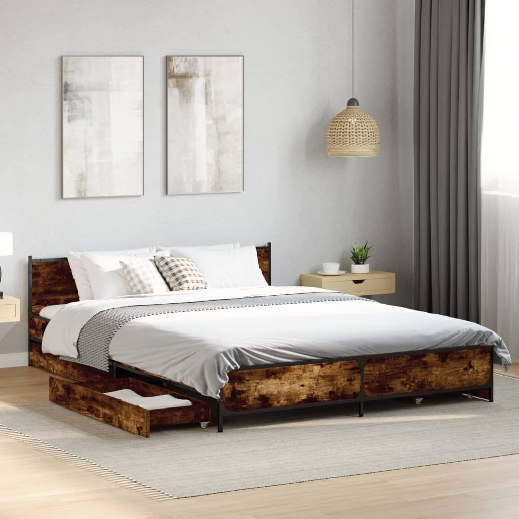 vidaXL Cadre de lit à tiroirs chêne fumé 160x200 cm bois d'ingénierie