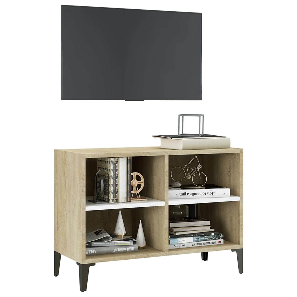 vidaXL Meuble TV avec pieds en métal Blanc/chêne sonoma 69,5x30x50 cm