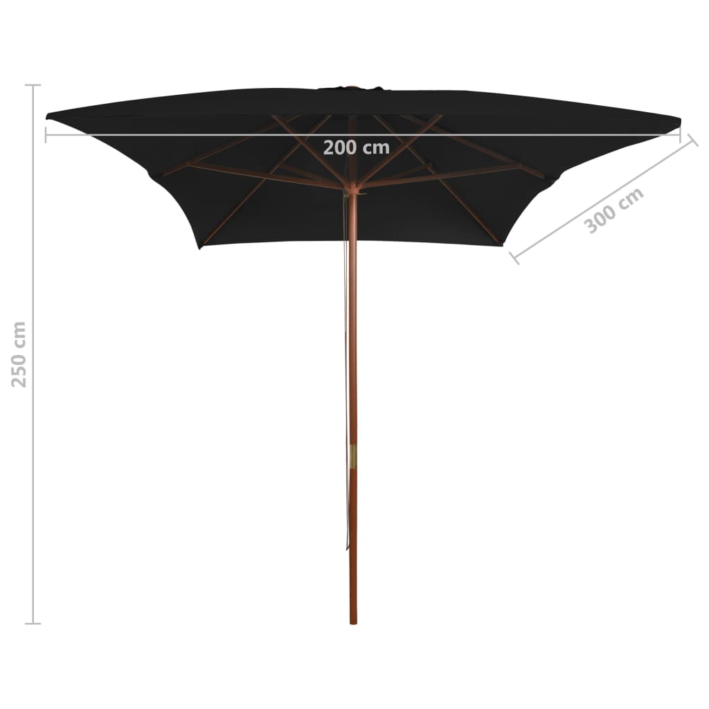 vidaXL Parasol de jardin avec mât en bois noir 200x300 cm