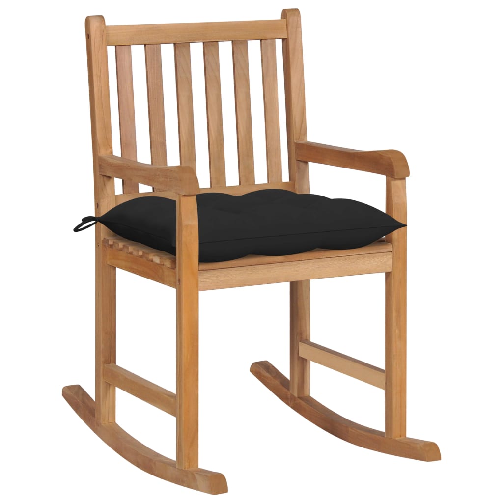 vidaXL Chaise à bascule avec coussin noir Bois de teck solide