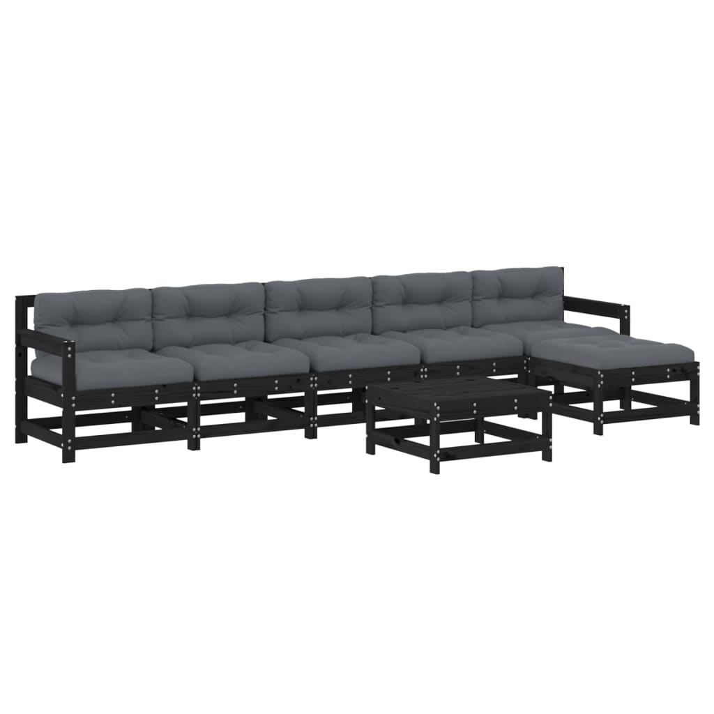 vidaXL Salon de jardin 7 pcs avec coussins noir bois massif