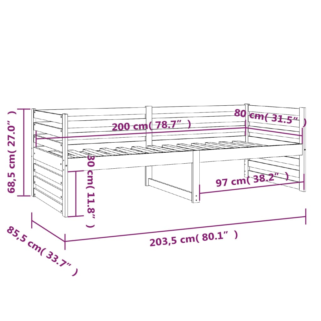 vidaXL Lit de jour Noir 80x200 cm Bois de pin massif