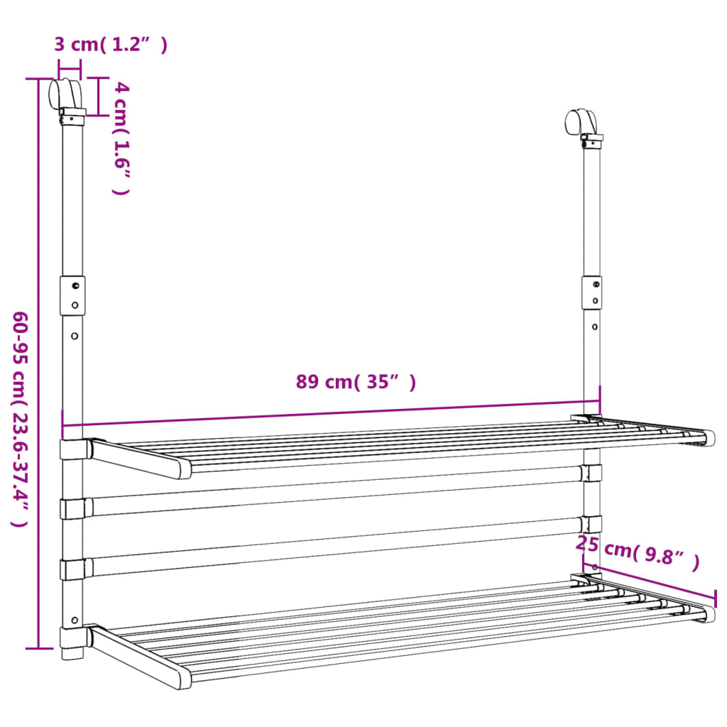vidaXL Séchoir à linge pour balcon 89x25x(60-95) cm aluminium