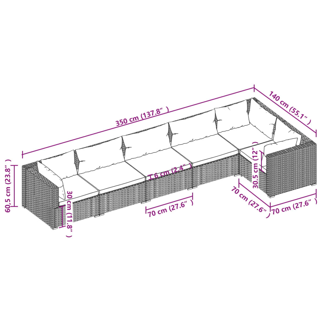 vidaXL Salon de jardin 6 pcs avec coussins Résine tressée Marron