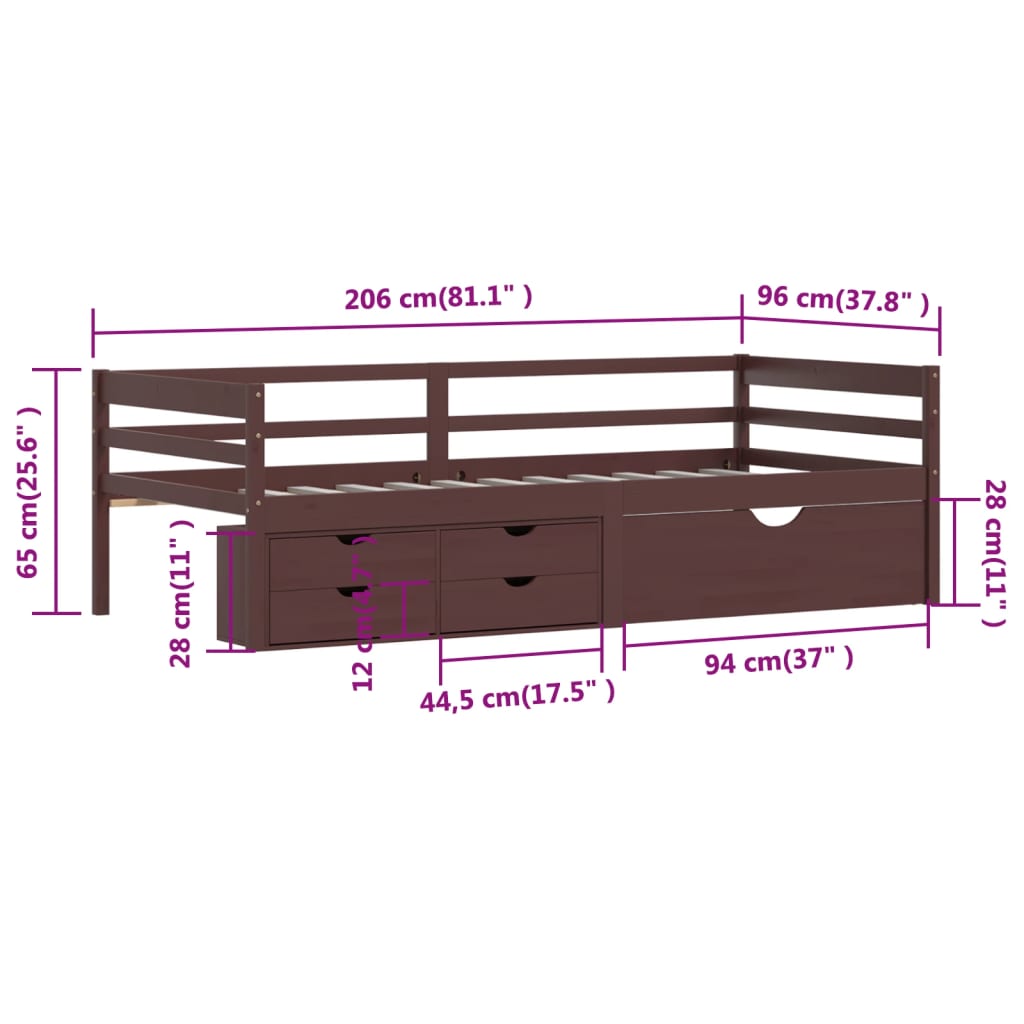 vidaXL Cadre de lit avec rangement sans matelas marron foncé 90x200 cm