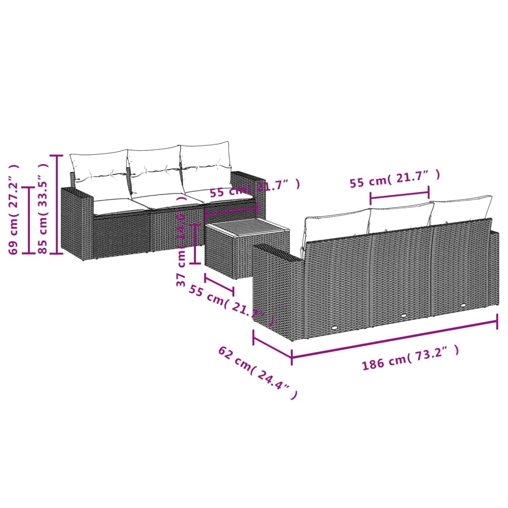 vidaXL Salon de jardin avec coussins 7 pcs gris résine tressée