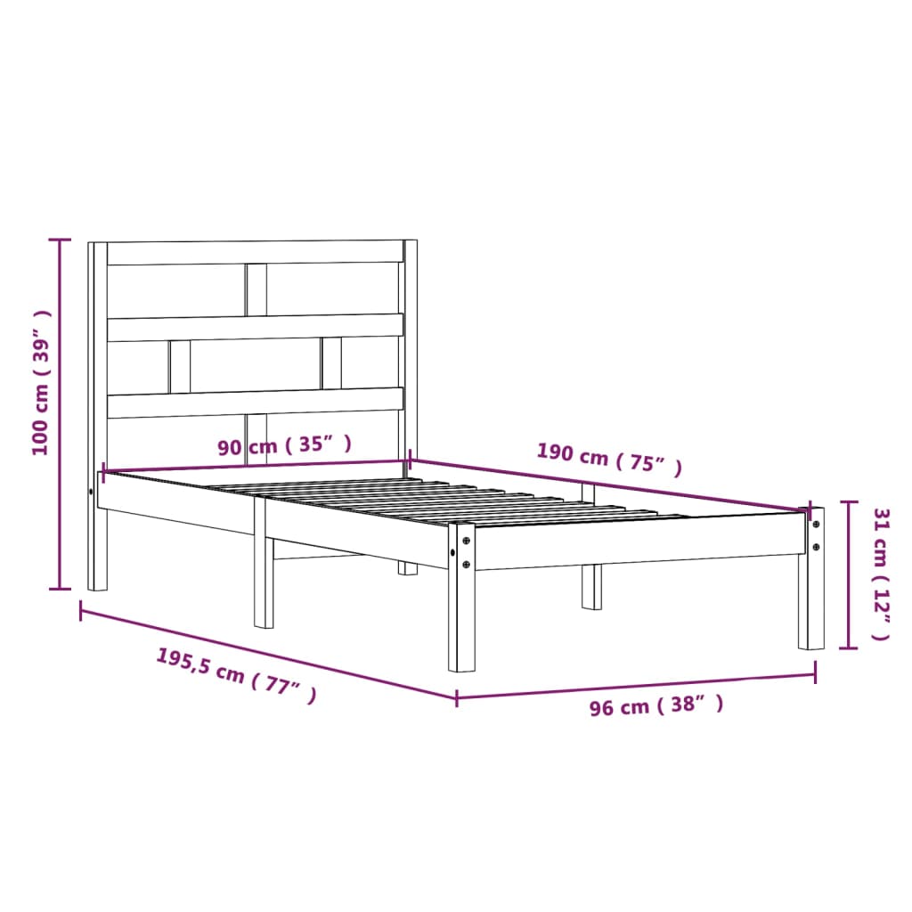 vidaXL Cadre de lit Blanc 90x190 cm Simple Bois massif