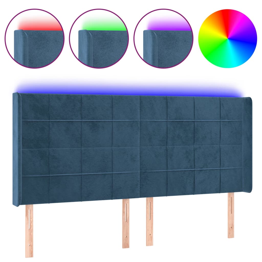 vidaXL Tête de lit à LED Bleu foncé 163x16x118/128 cm Velours