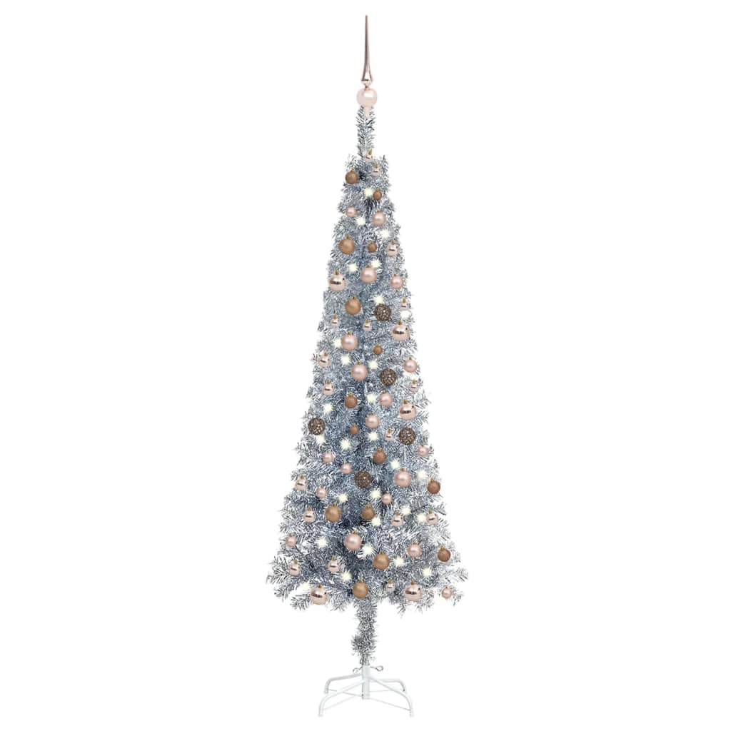vidaXL Arbre de Noël mince pré-éclairé et boules argenté 180 cm