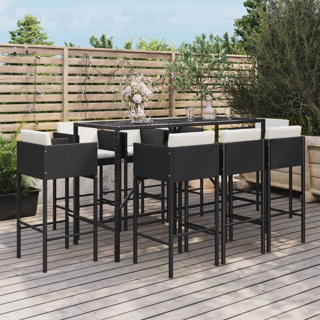 vidaXL Ensemble de bar de jardin 9 pcs avec coussins noir poly rotin