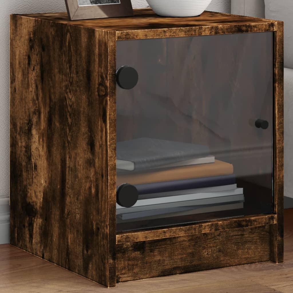 vidaXL Table de chevet avec porte en verre chêne fumé 35x37x42 cm