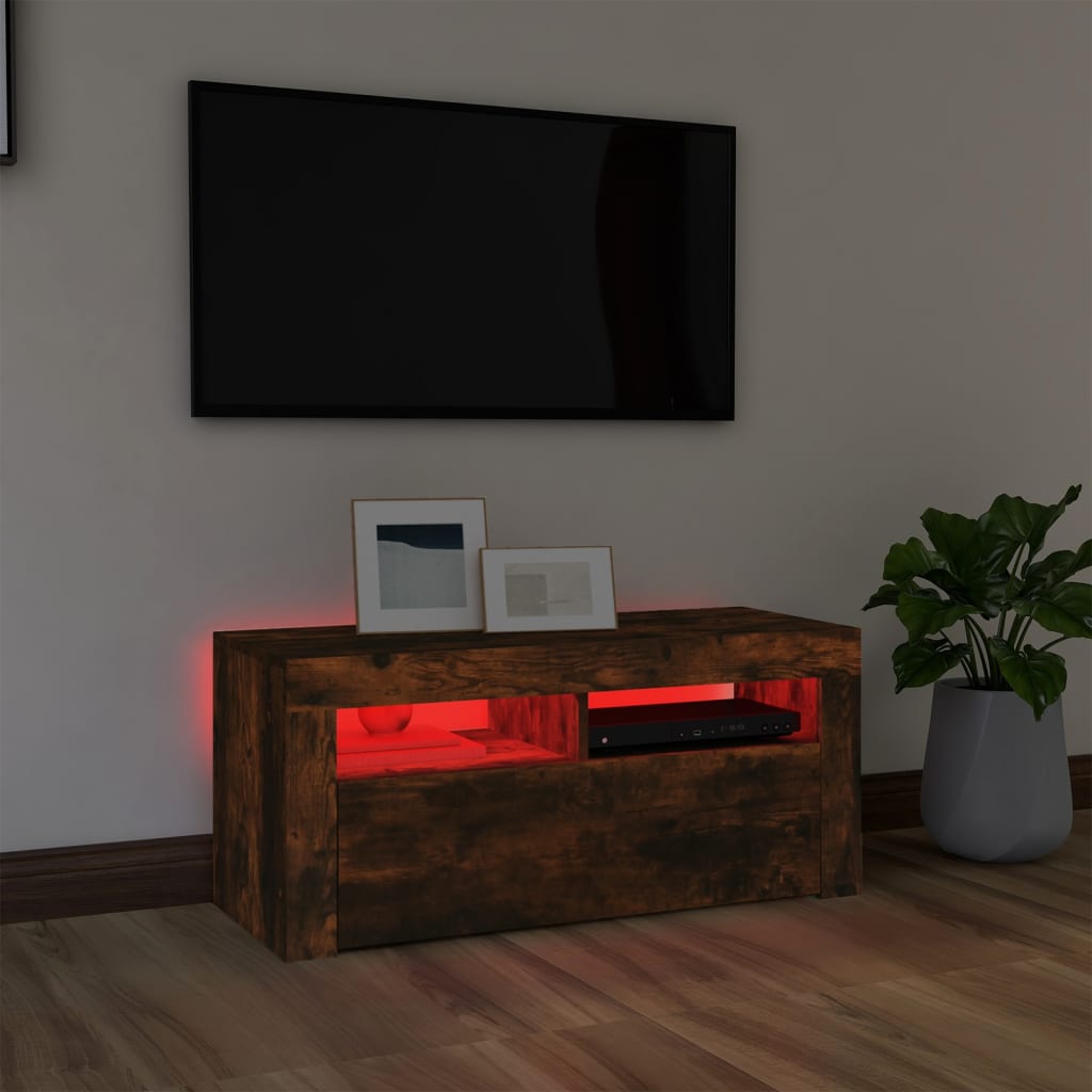 vidaXL Meuble TV avec lumières LED Chêne fumé 90x35x40 cm
