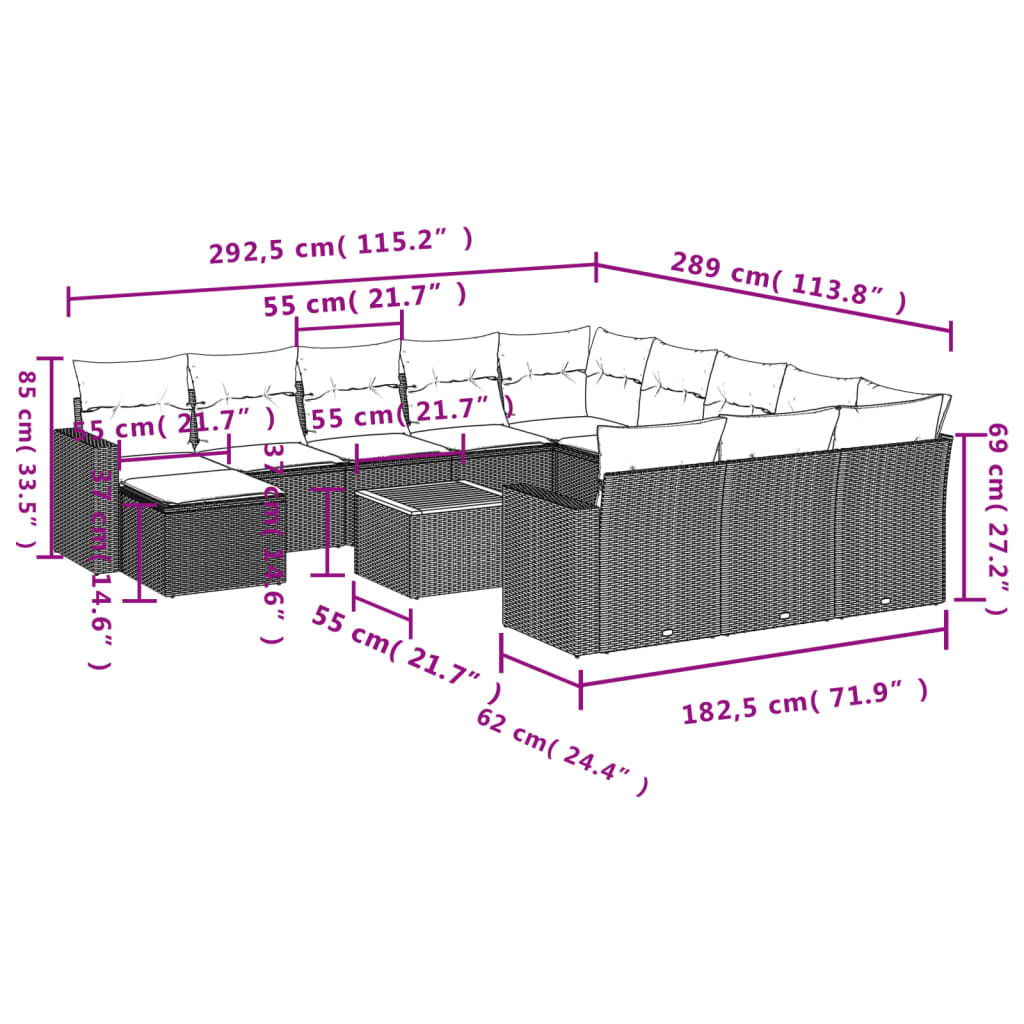 vidaXL Salon de jardin avec coussins 13 pcs noir résine tressée