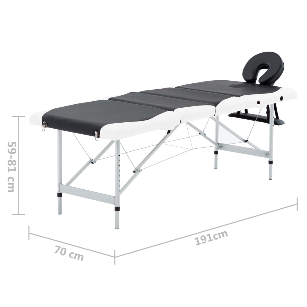 vidaXL Table de massage pliable 4 zones Aluminium Noir et blanc