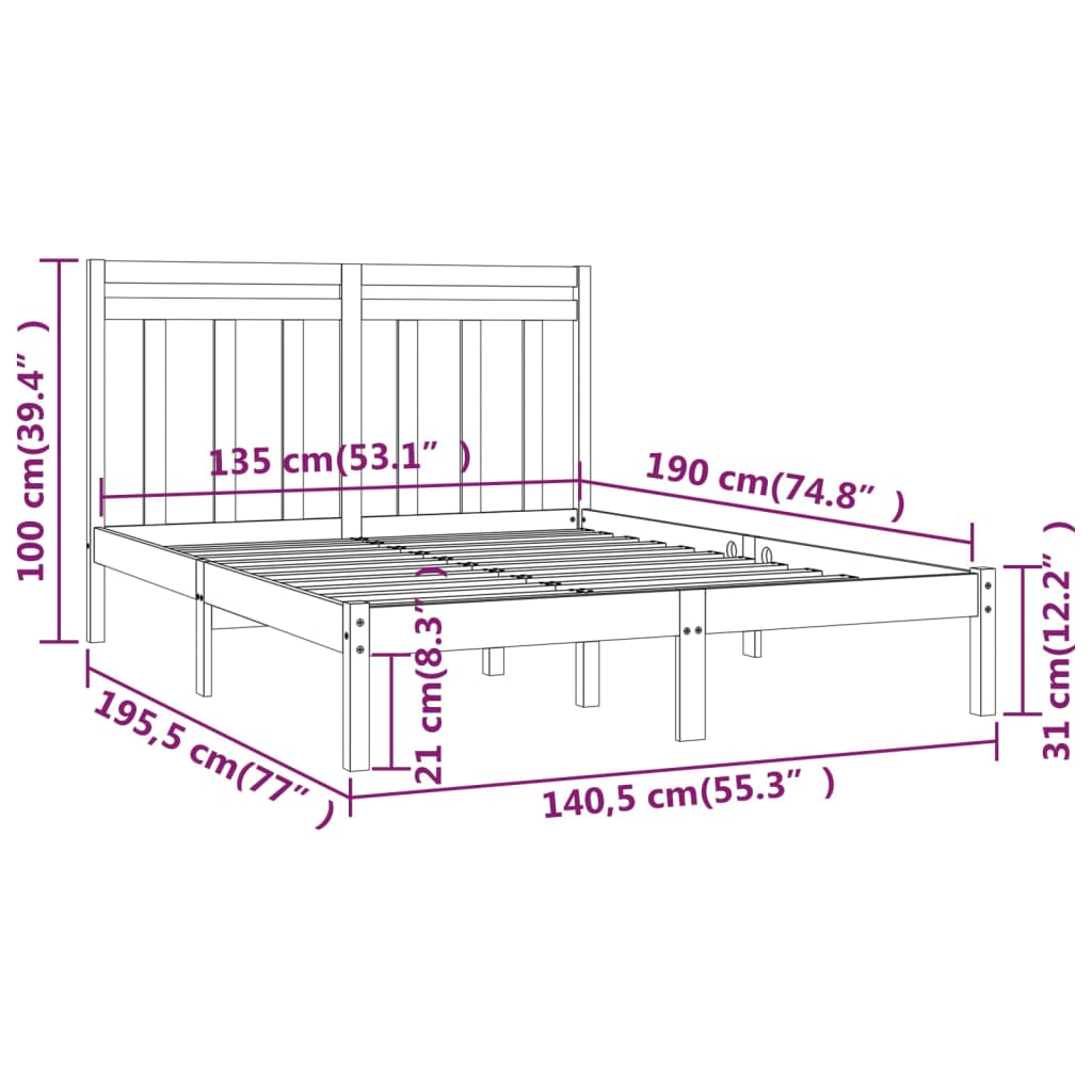 vidaXL Cadre de lit Noir Bois massif 135x190 cm Double