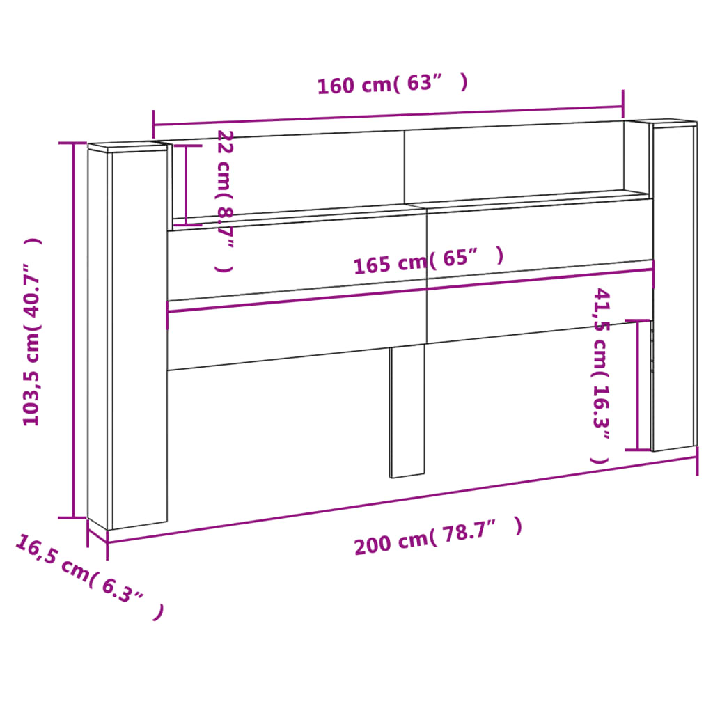 vidaXL Armoire tête de lit avec LED sonoma gris 200x16,5x103,5 cm