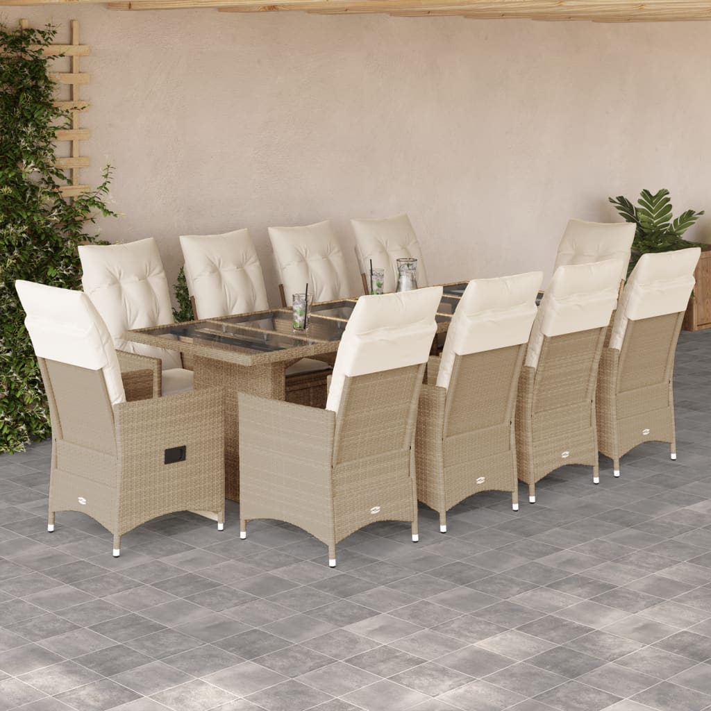 vidaXL Ensemble de bistro de jardin 11 pcs coussins beige poly rotin