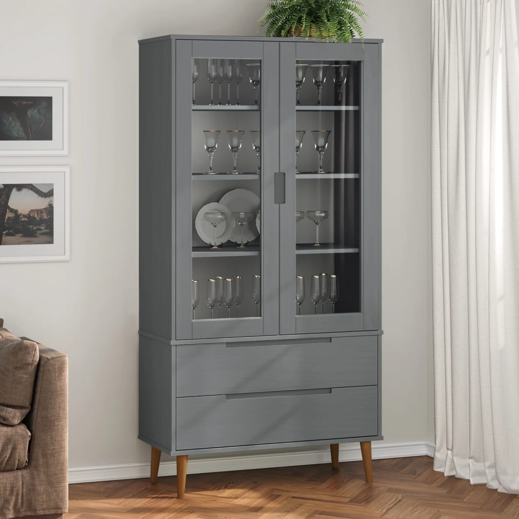 vidaXL Armoire à vitrine MOLDE Gris 90x35x175 cm Bois de pin massif