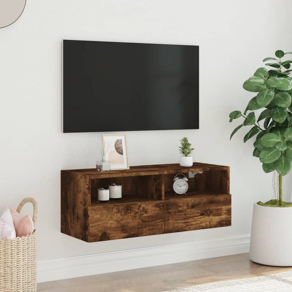 vidaXL Meuble TV mural chêne fumé 80x30x30 cm bois d'ingénierie