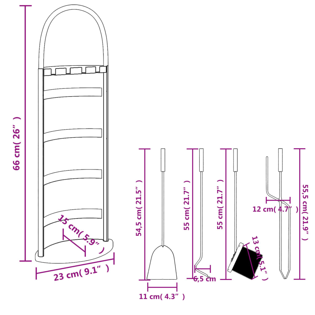 vidaXL Set d’outils de cheminée 5 pcs 23x15x66 cm acier