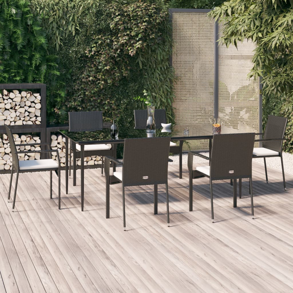 vidaXL Ensemble à manger de jardin coussins 7pcs Noir Résine tressée