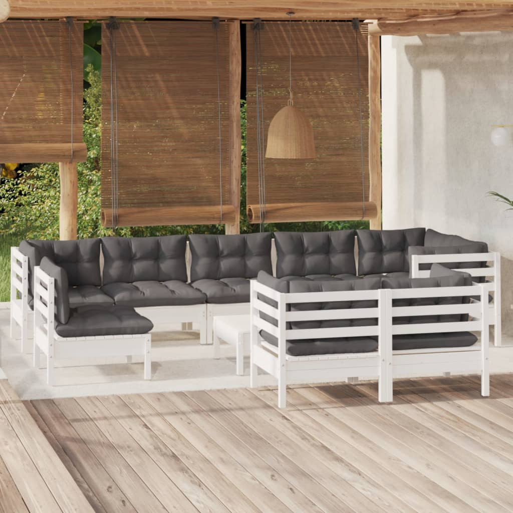 vidaXL Salon de jardin 10 pcs avec coussins blanc bois de pin massif