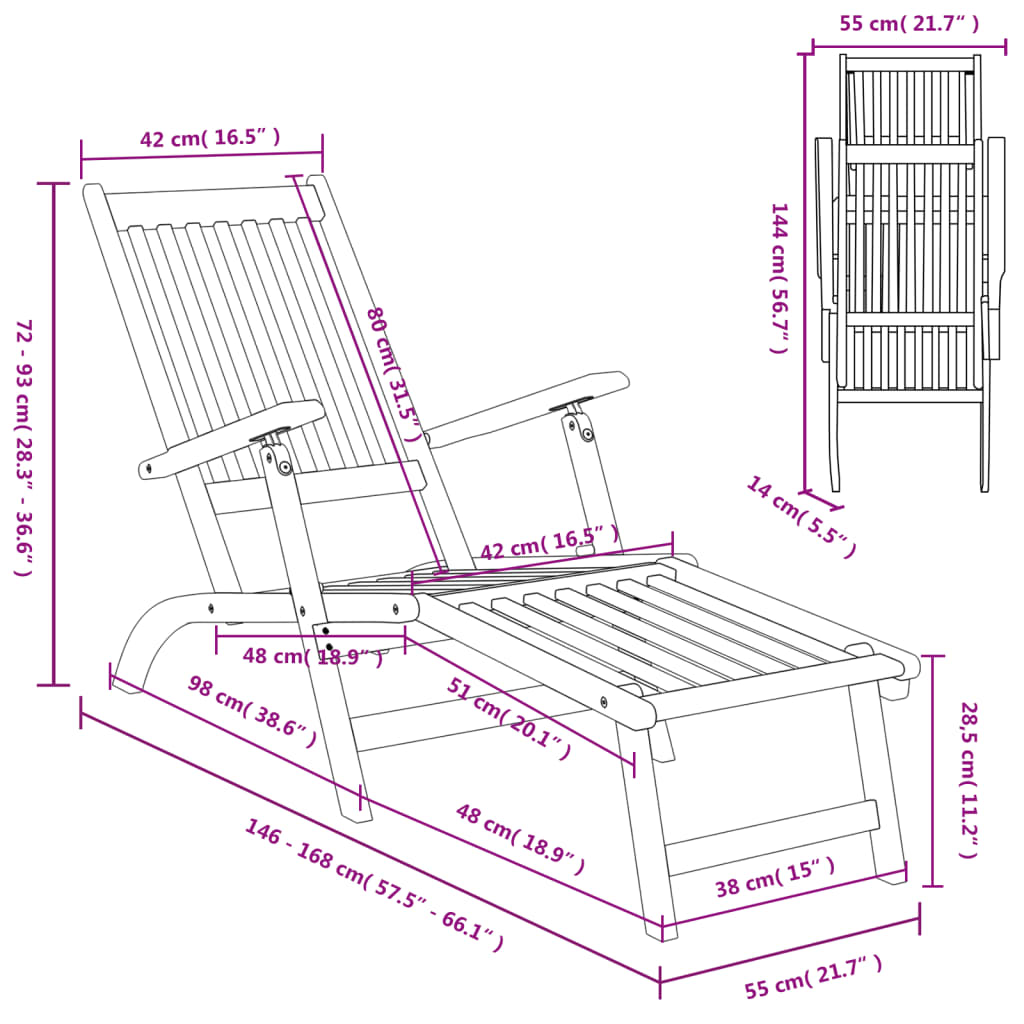 vidaXL Chaise longue d'extérieur repose-pieds et table Acacia solide