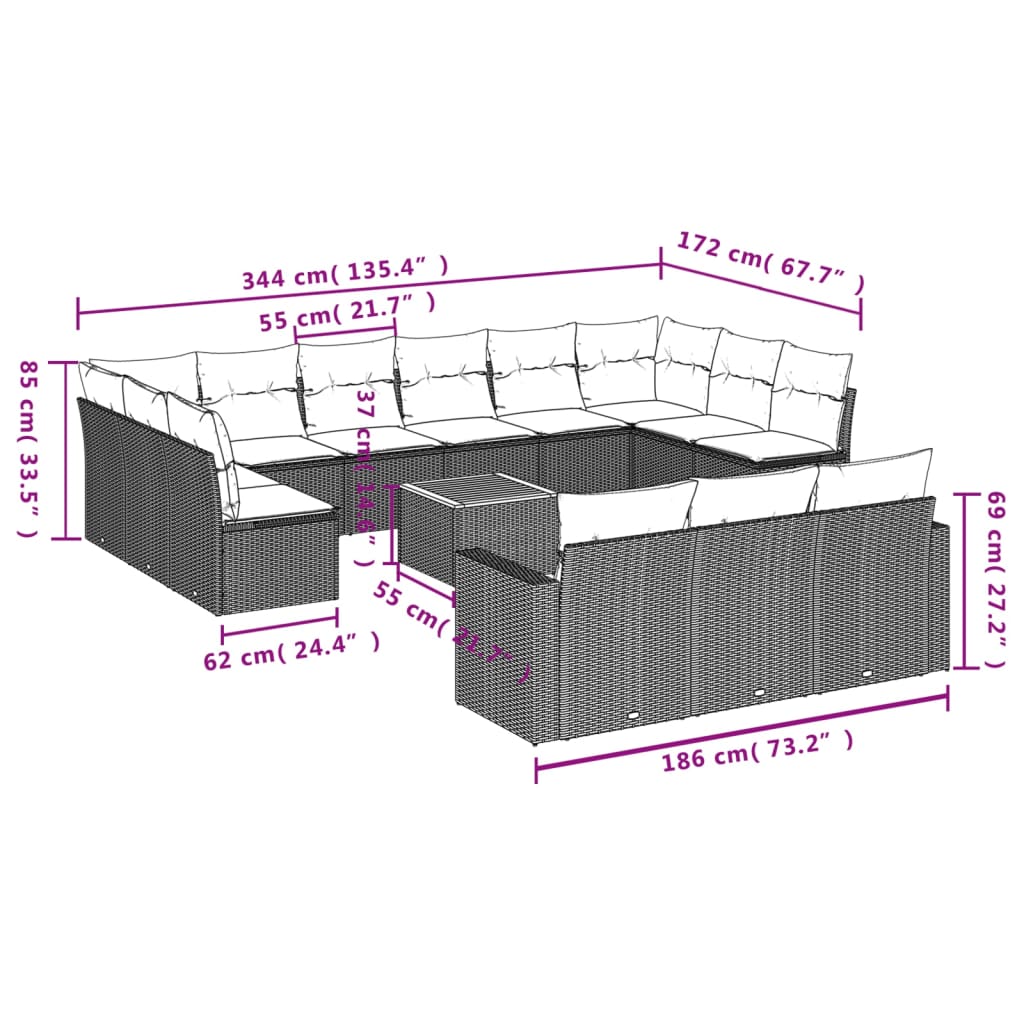 vidaXL Salon de jardin avec coussins 14 pcs noir résine tressée