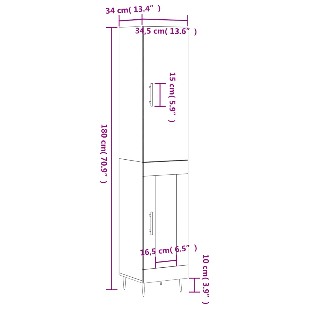 vidaXL Buffet haut Blanc brillant 34,5x34x180 cm Bois d'ingénierie