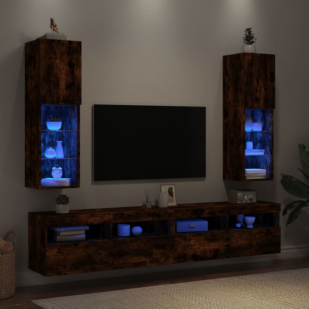 vidaXL Meubles TV avec lumières LED 2 pcs chêne fumé 30,5x30x102 cm