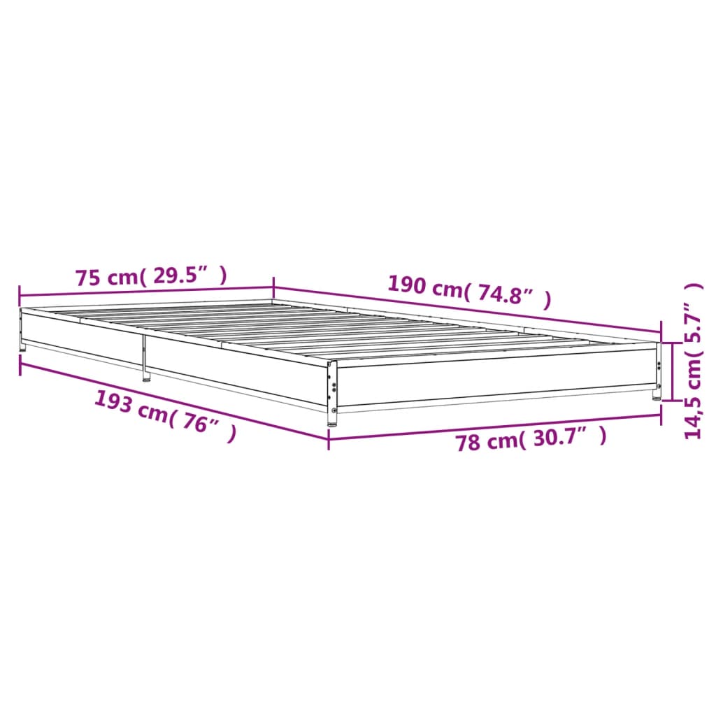 vidaXL Cadre de lit sonoma gris 75x190 cm bois d'ingénierie et métal