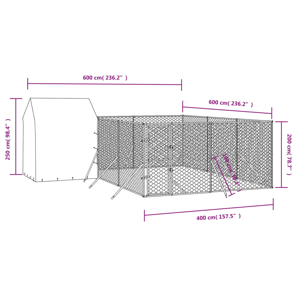 vidaXL Chenil d'extérieur pour chiens avec toit argenté 6x6x2,5 m