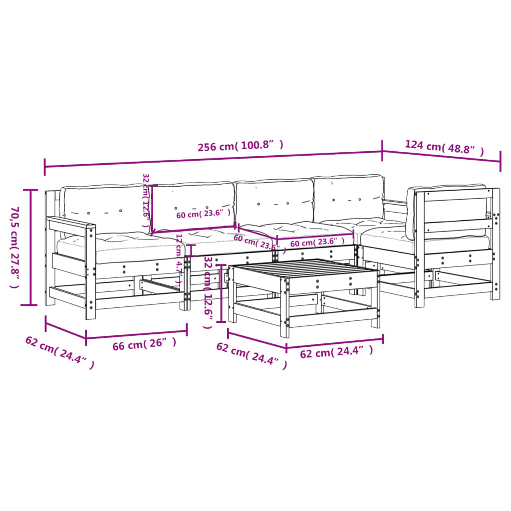 vidaXL Salon de jardin 6 pcs avec coussins noir bois massif