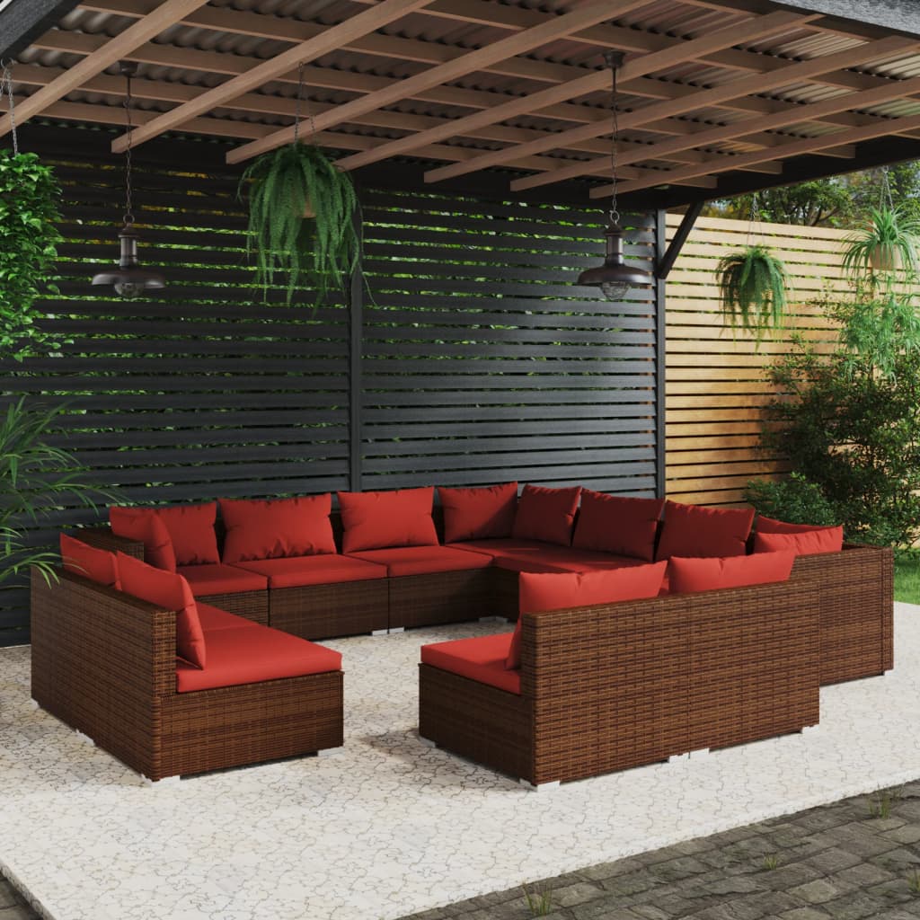 vidaXL Salon de jardin 11 pcs avec coussins Marron Résine tressée