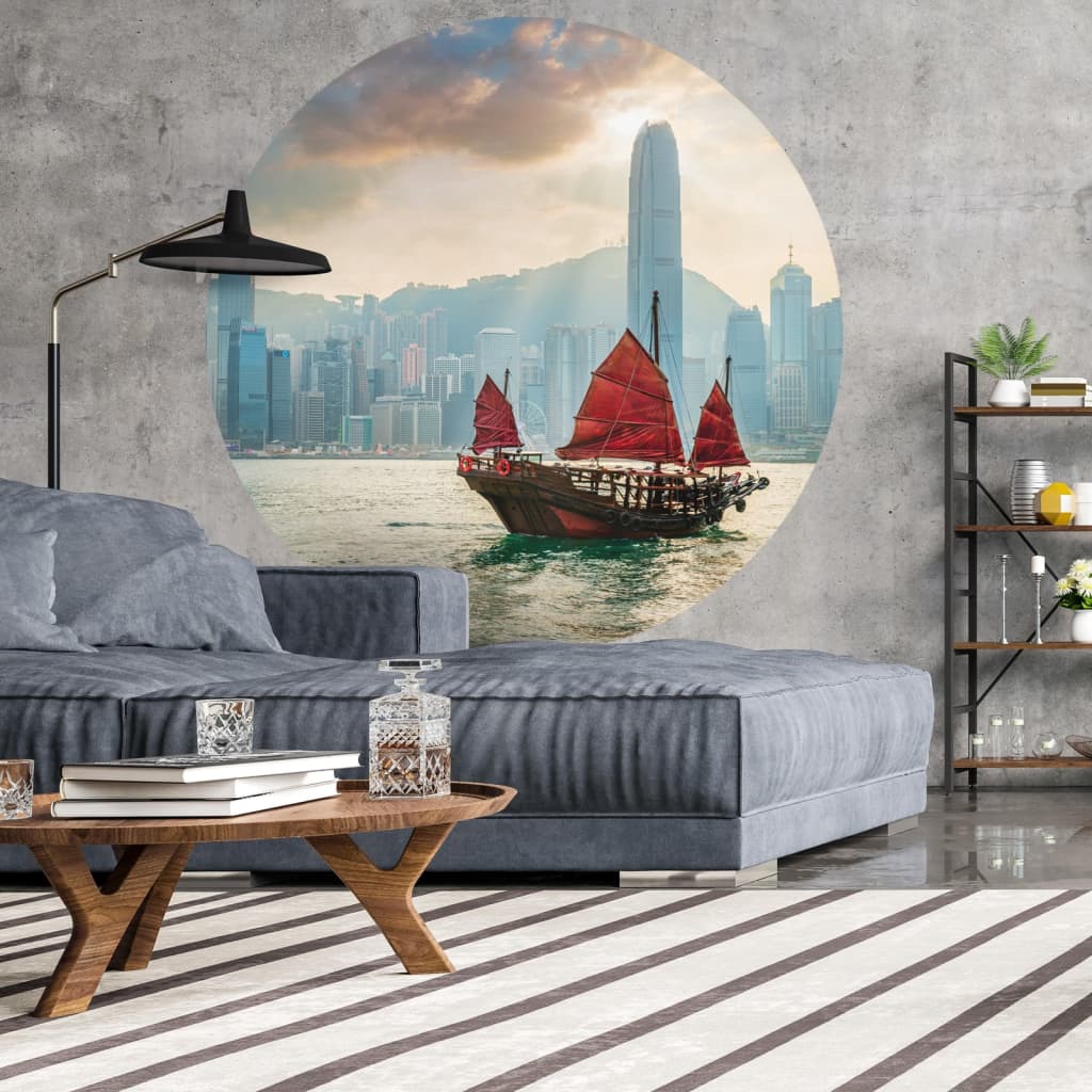 WallArt Papier peint cercle Skyline with Junk Boat 142,5 cm